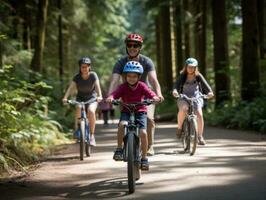 Family on bikes on a forest bike path AI Generative photo