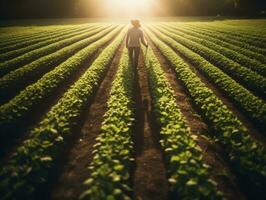 Farmer tending to rows of crops in a sunlit field AI Generative photo