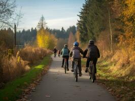 Family on bikes on a forest bike path AI Generative photo