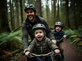 Family on bikes on a forest bike path AI Generative photo