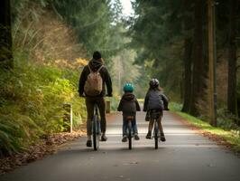 Family on bikes on a forest bike path AI Generative photo