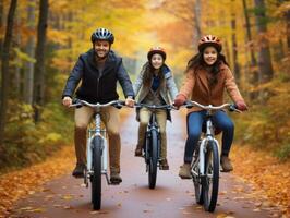 Family on bikes on a forest bike path AI Generative photo