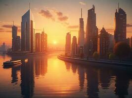edificio ciudad y puesta de sol con río, ai generado foto