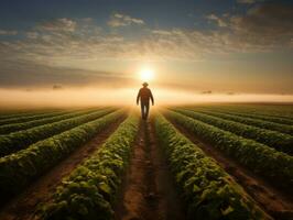 Farmer tending to rows of crops in a sunlit field AI Generative photo