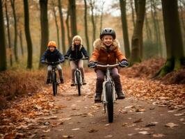 Family on bikes on a forest bike path AI Generative photo