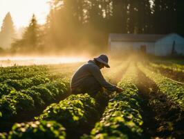 Farmer tending to rows of crops in a sunlit field AI Generative photo