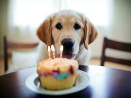 adorable perro posando con un cumpleaños pastel a un celebracion ai generativo foto