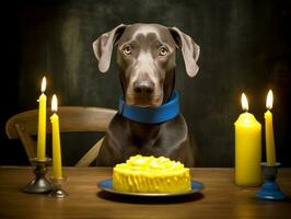 Adorable dog posing with a birthday cake at a celebration AI Generative photo