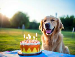 adorable perro posando con un cumpleaños pastel a un celebracion ai generativo foto