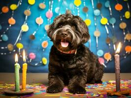 adorable perro posando con un cumpleaños pastel a un celebracion ai generativo foto