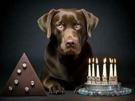 Adorable dog posing with a birthday cake at a celebration AI Generative photo