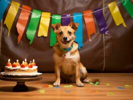 adorable perro posando con un cumpleaños pastel a un celebracion ai generativo foto