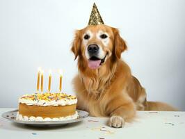 adorable perro posando con un cumpleaños pastel a un celebracion ai generativo foto