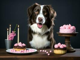 Adorable dog posing with a birthday cake at a celebration AI Generative photo