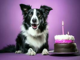 adorable perro posando con un cumpleaños pastel a un celebracion ai generativo foto