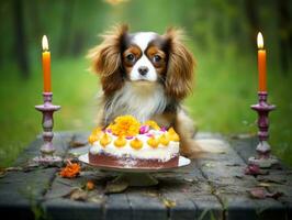 adorable perro posando con un cumpleaños pastel a un celebracion ai generativo foto