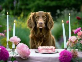 Adorable dog posing with a birthday cake at a celebration AI Generative photo