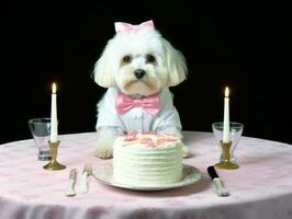 adorable perro posando con un cumpleaños pastel a un celebracion ai generativo foto