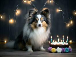 adorable perro posando con un cumpleaños pastel a un celebracion ai generativo foto