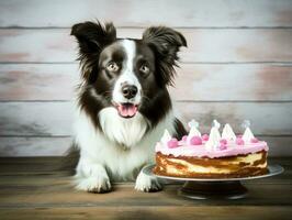 Adorable dog posing with a birthday cake at a celebration AI Generative photo