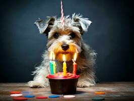 Adorable dog posing with a birthday cake at a celebration AI Generative photo