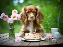 Adorable dog posing with a birthday cake at a celebration AI Generative photo