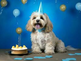 adorable perro posando con un cumpleaños pastel a un celebracion ai generativo foto