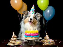 adorable perro posando con un cumpleaños pastel a un celebracion ai generativo foto