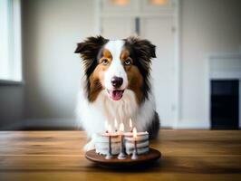 Adorable dog posing with a birthday cake at a celebration AI Generative photo