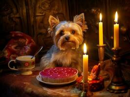 adorable perro posando con un cumpleaños pastel a un celebracion ai generativo foto