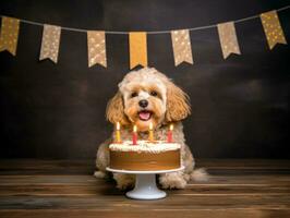 adorable perro posando con un cumpleaños pastel a un celebracion ai generativo foto