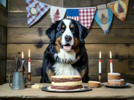 adorable perro posando con un cumpleaños pastel a un celebracion ai generativo foto