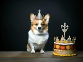 Adorable dog posing with a birthday cake at a celebration AI Generative photo