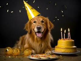 adorable perro posando con un cumpleaños pastel a un celebracion ai generativo foto