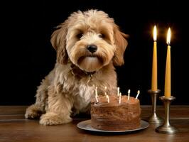 Adorable dog posing with a birthday cake at a celebration AI Generative photo