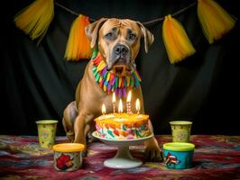 adorable perro posando con un cumpleaños pastel a un celebracion ai generativo foto