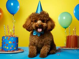 Adorable dog posing with a birthday cake at a celebration AI Generative photo