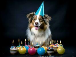 adorable perro posando con un cumpleaños pastel a un celebracion ai generativo foto