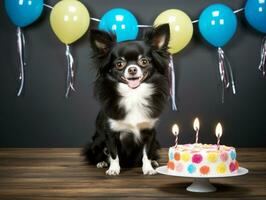 Adorable dog posing with a birthday cake at a celebration AI Generative photo