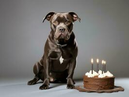 Adorable dog posing with a birthday cake at a celebration AI Generative photo