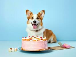 Adorable dog posing with a birthday cake at a celebration AI Generative photo