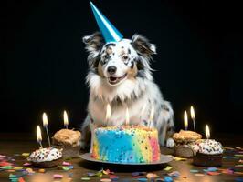 adorable perro posando con un cumpleaños pastel a un celebracion ai generativo foto