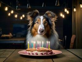 adorable perro posando con un cumpleaños pastel a un celebracion ai generativo foto