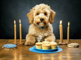 Adorable dog posing with a birthday cake at a celebration AI Generative photo