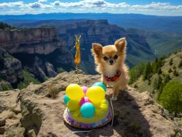 adorable perro posando con un cumpleaños pastel a un celebracion ai generativo foto