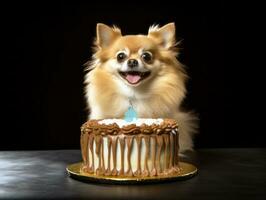 Adorable dog posing with a birthday cake at a celebration AI Generative photo