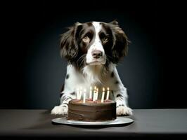 adorable perro posando con un cumpleaños pastel a un celebracion ai generativo foto