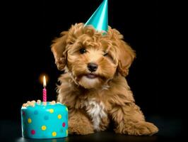 Adorable dog posing with a birthday cake at a celebration AI Generative photo