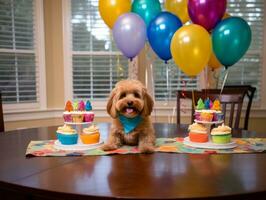 Adorable dog posing with a birthday cake at a celebration AI Generative photo