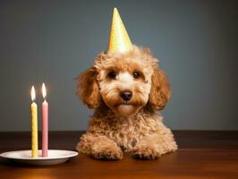 Adorable dog posing with a birthday cake at a celebration AI Generative photo